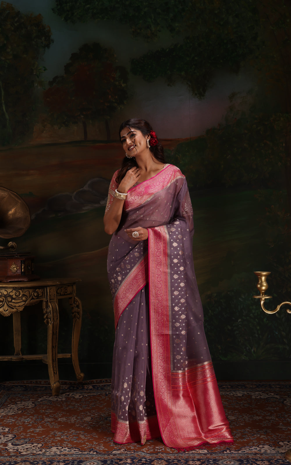 Dual Tone Grey & Pink Iktara Kora Silk Saree