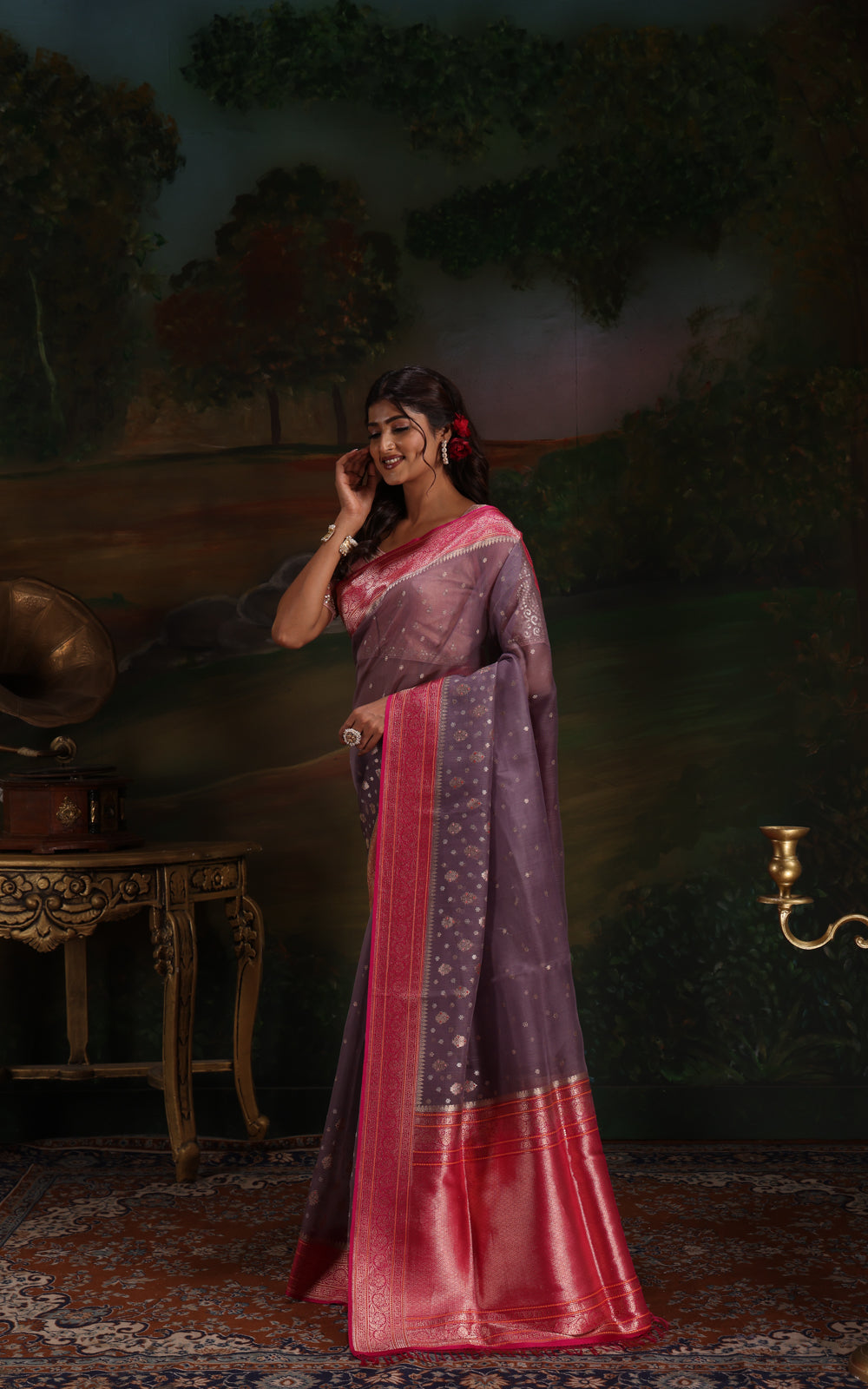 Dual Tone Grey & Pink Iktara Kora Silk Saree