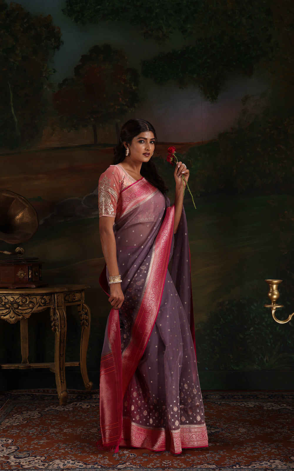 Dual Tone Grey & Pink Iktara Kora Silk Saree