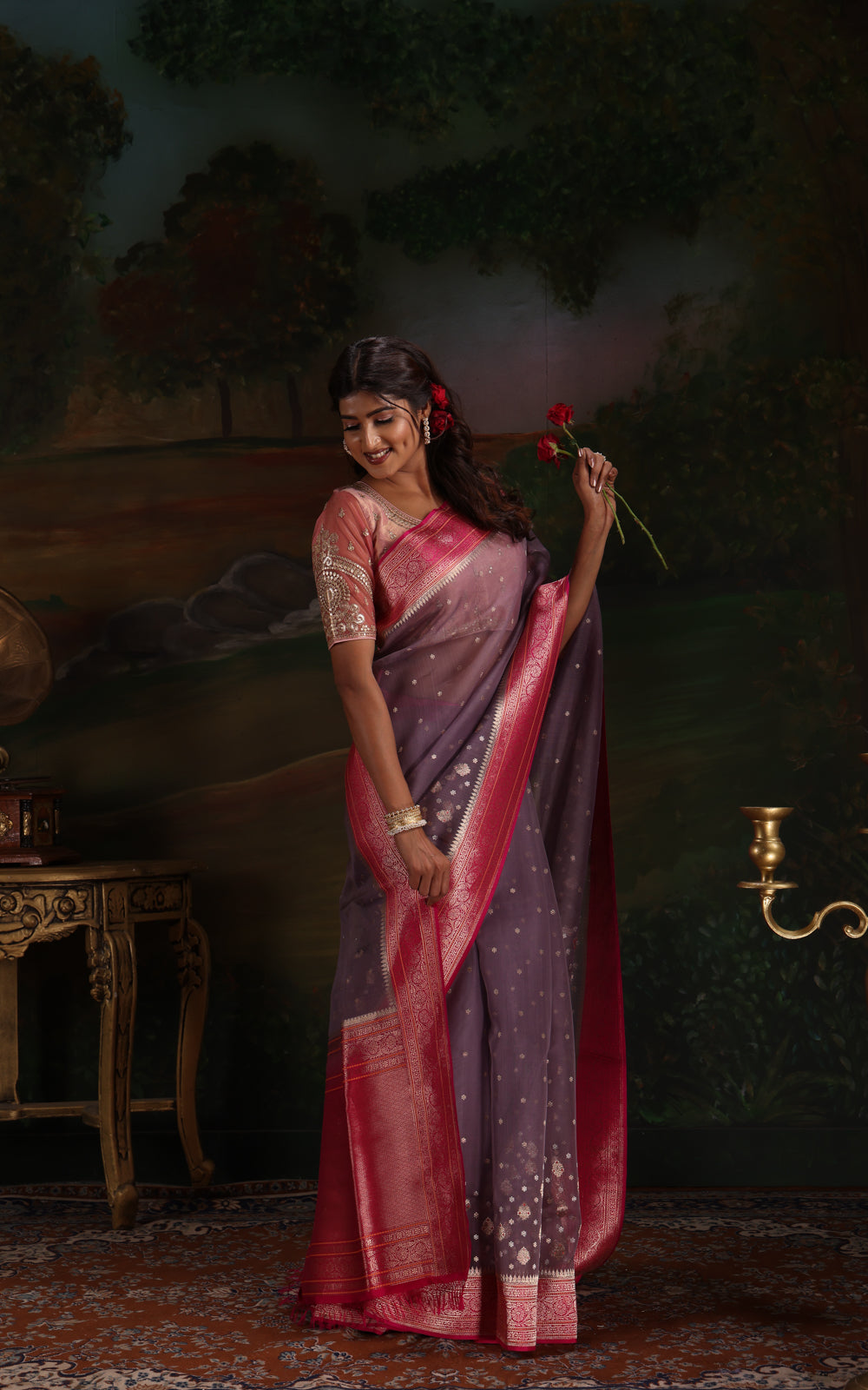 Dual Tone Grey & Pink Iktara Kora Silk Saree