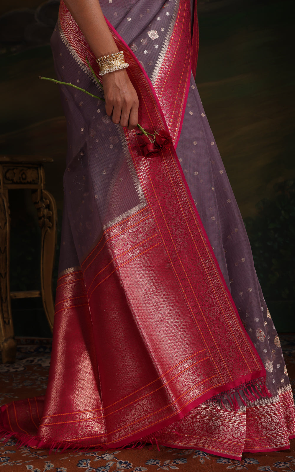 Dual Tone Grey & Pink Iktara Kora Silk Saree