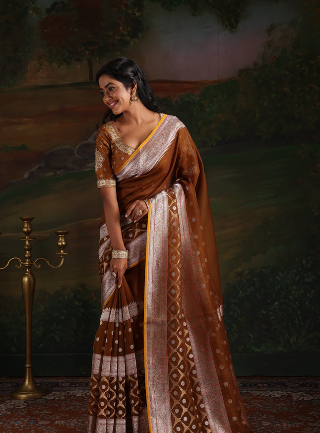 Mehendi Green & Mustard Yellow Iktara Kora Silk Saree