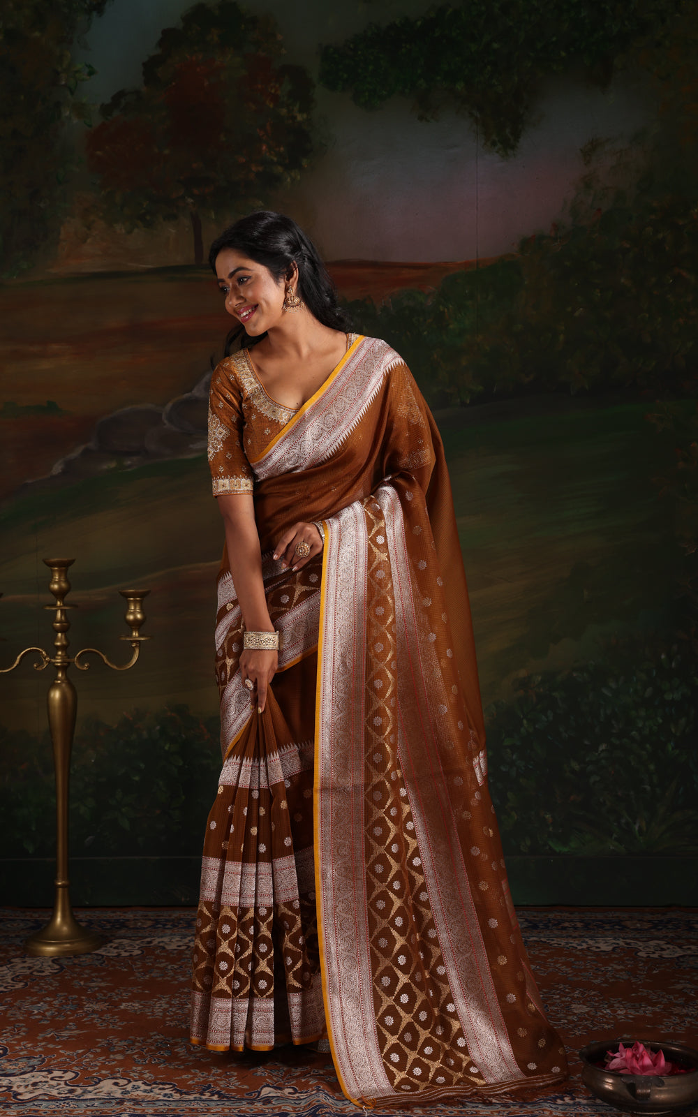 Mehendi Green & Mustard Yellow Iktara Kora Silk Saree