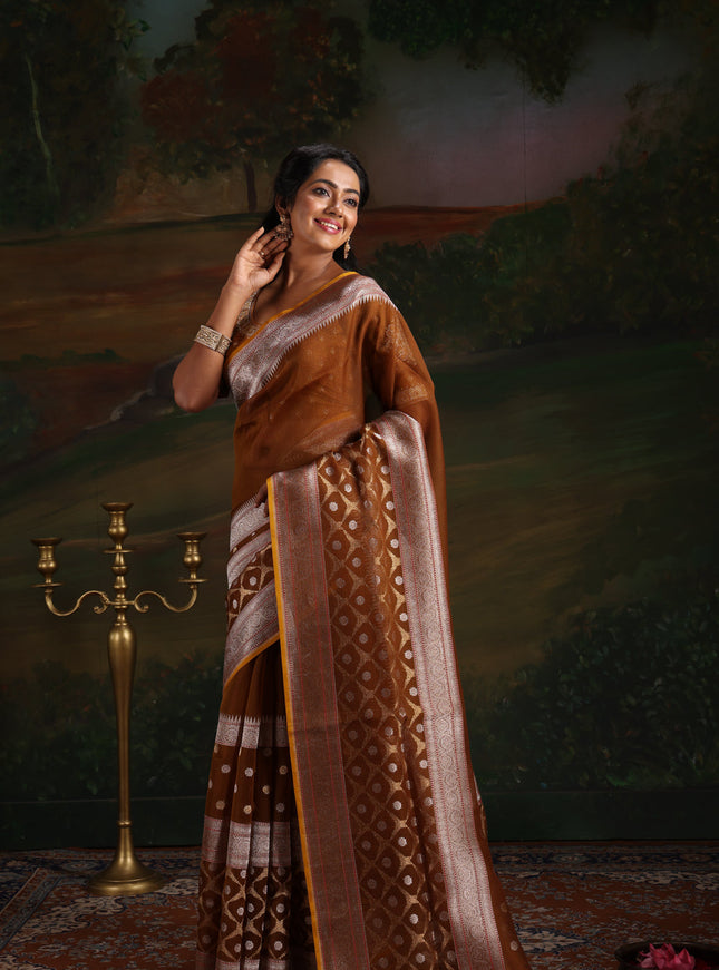 Mehendi Green & Mustard Yellow Iktara Kora Silk Saree