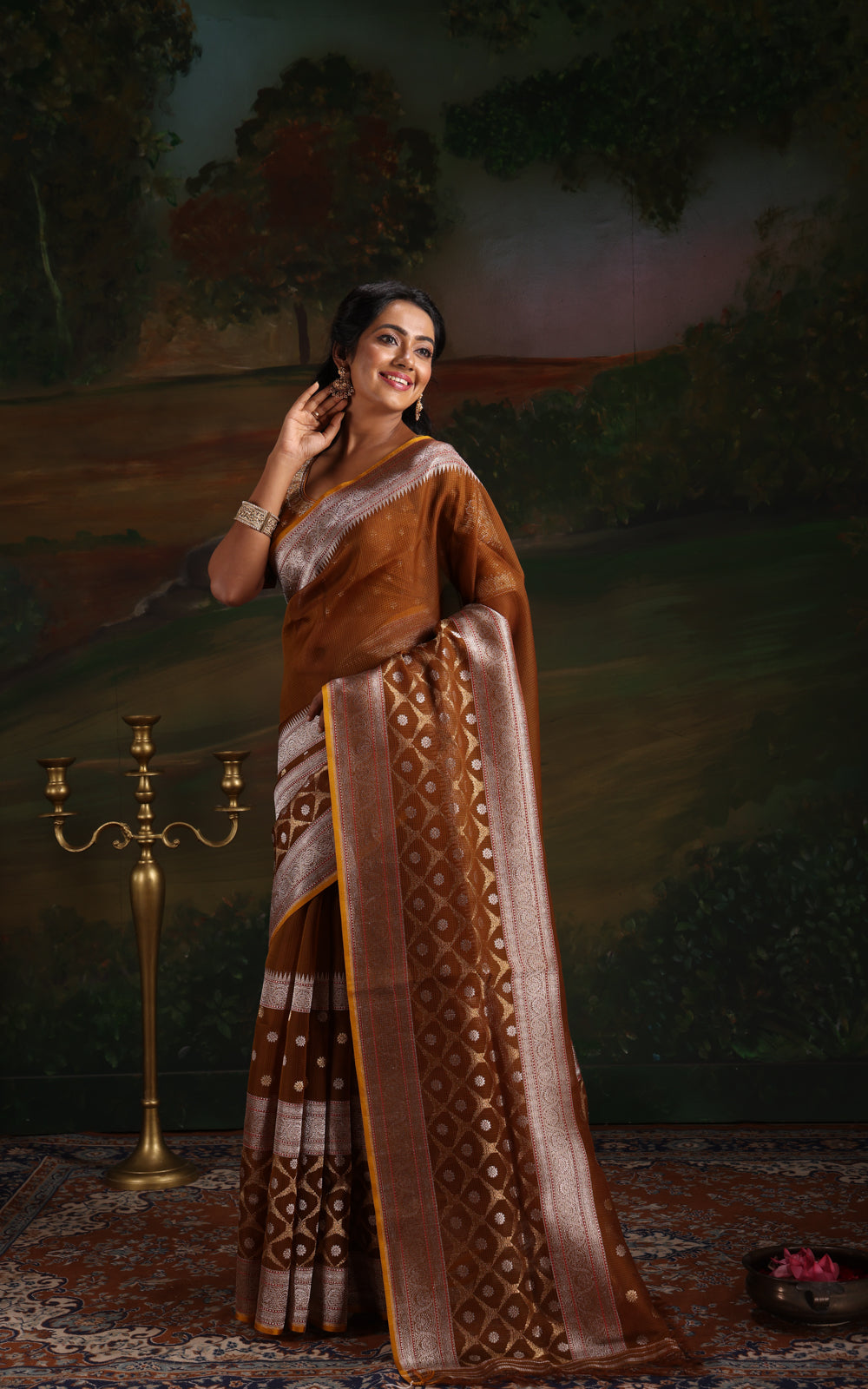 Mehendi Green & Mustard Yellow Iktara Kora Silk Saree