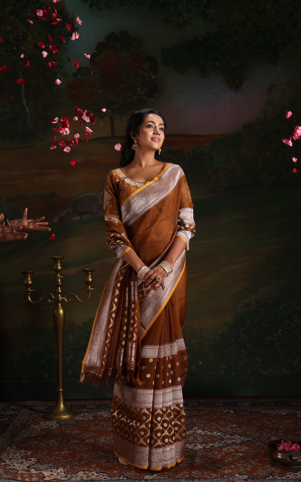 Mehendi Green & Mustard Yellow Iktara Kora Silk Saree