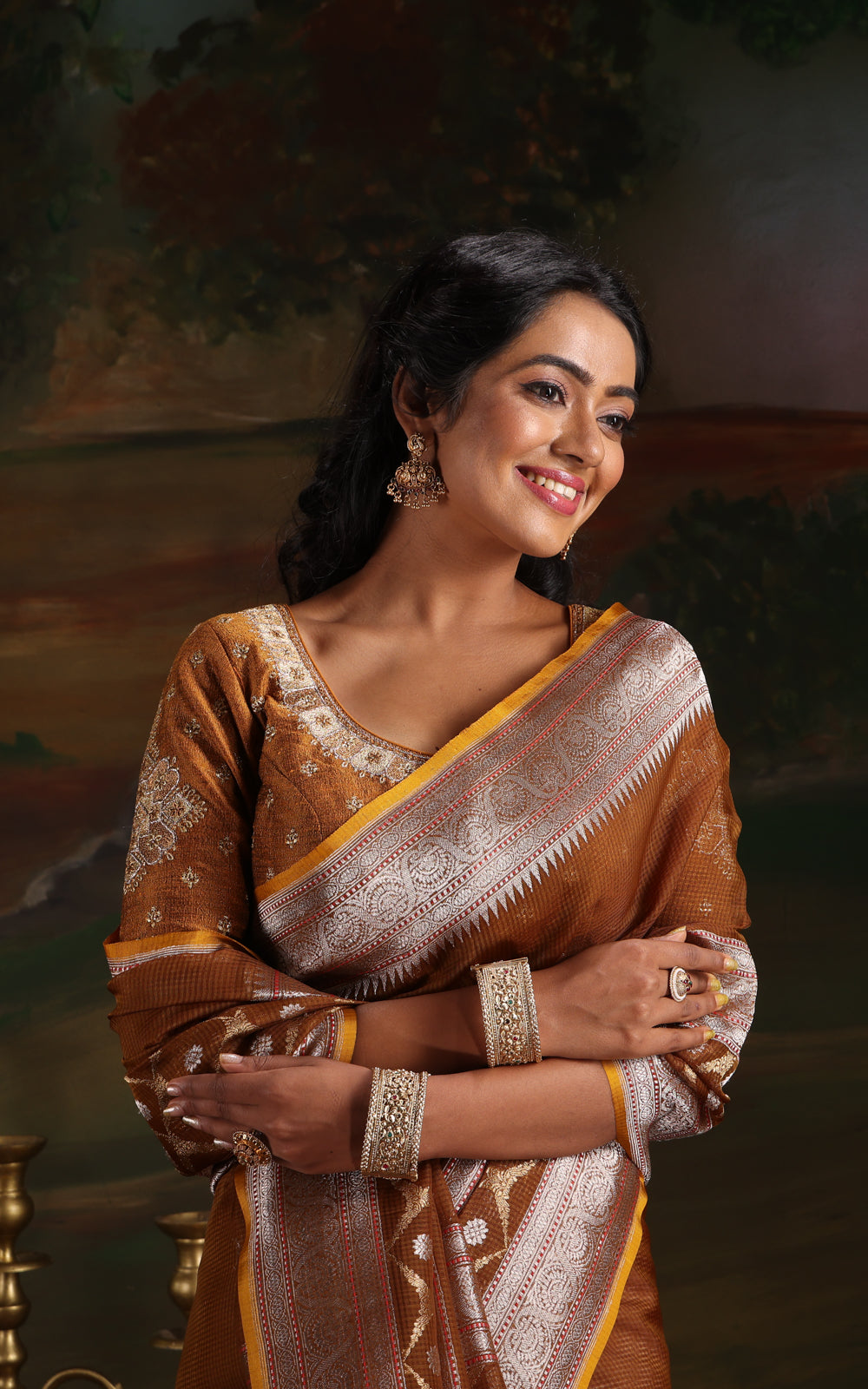 Mehendi Green & Mustard Yellow Iktara Kora Silk Saree