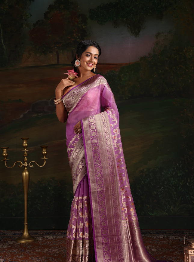 Lavender & Violet Iktara Kora Silk Saree