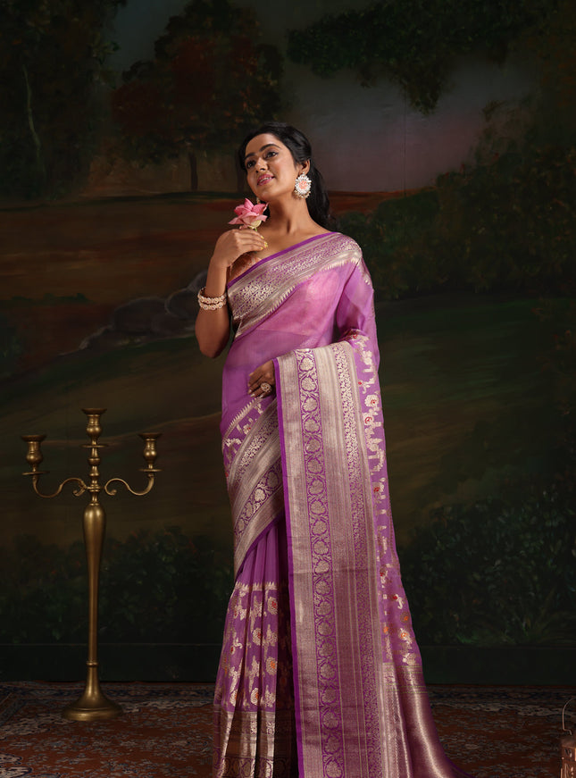 Lavender & Violet Iktara Kora Silk Saree