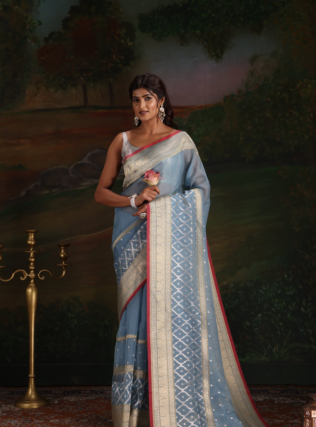Pastel Blue & Red Iktara Kora Silk Saree