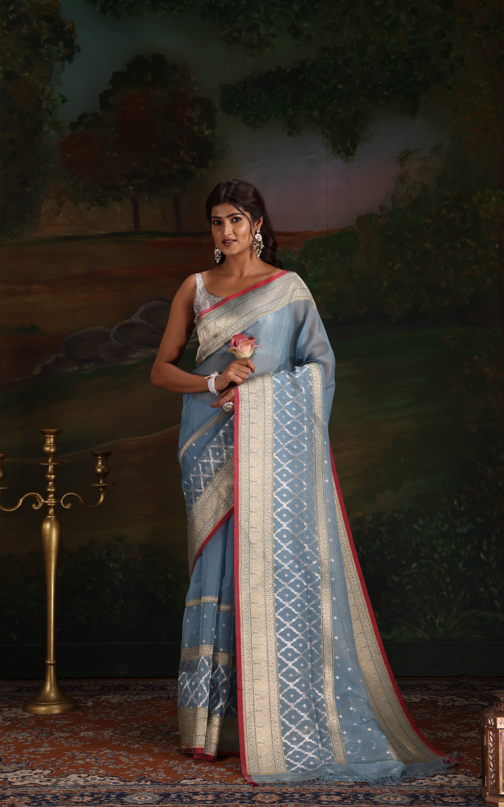 Pastel Blue & Red Iktara Kora Silk Saree