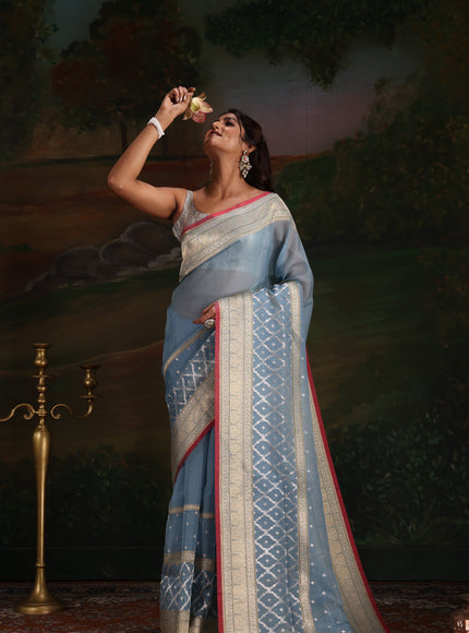 Pastel Blue & Red Iktara Kora Silk Saree