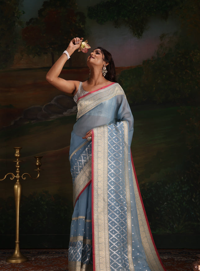Pastel Blue & Red Iktara Kora Silk Saree