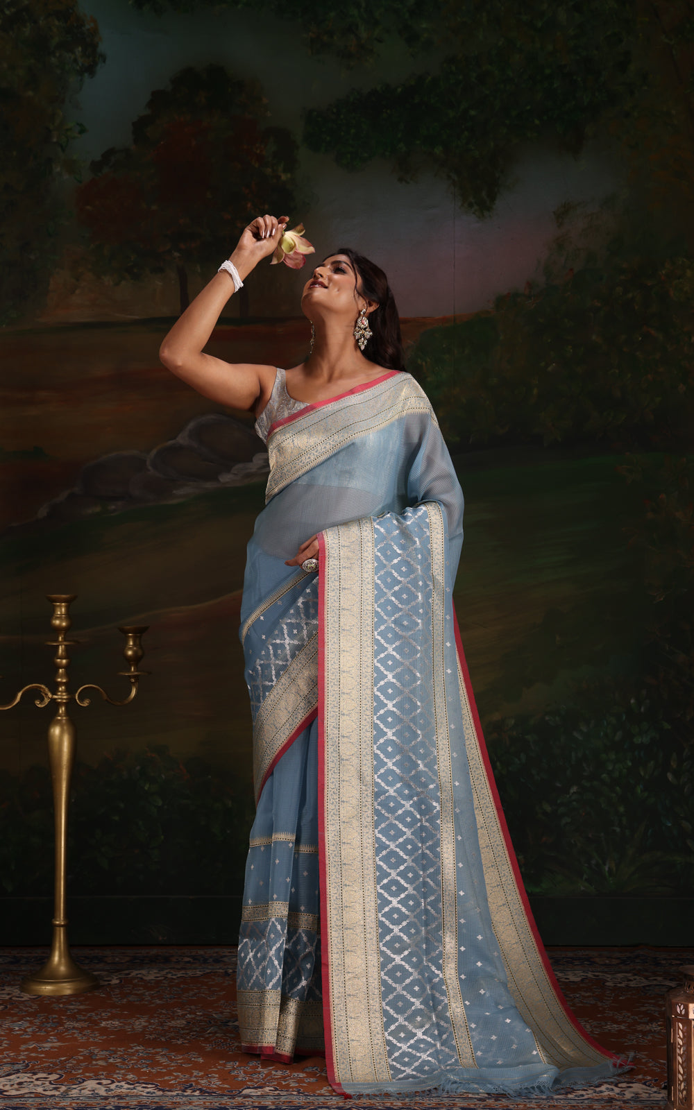 Pastel Blue & Red Iktara Kora Silk Saree