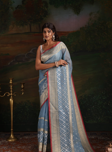 Pastel Blue & Red Iktara Kora Silk Saree