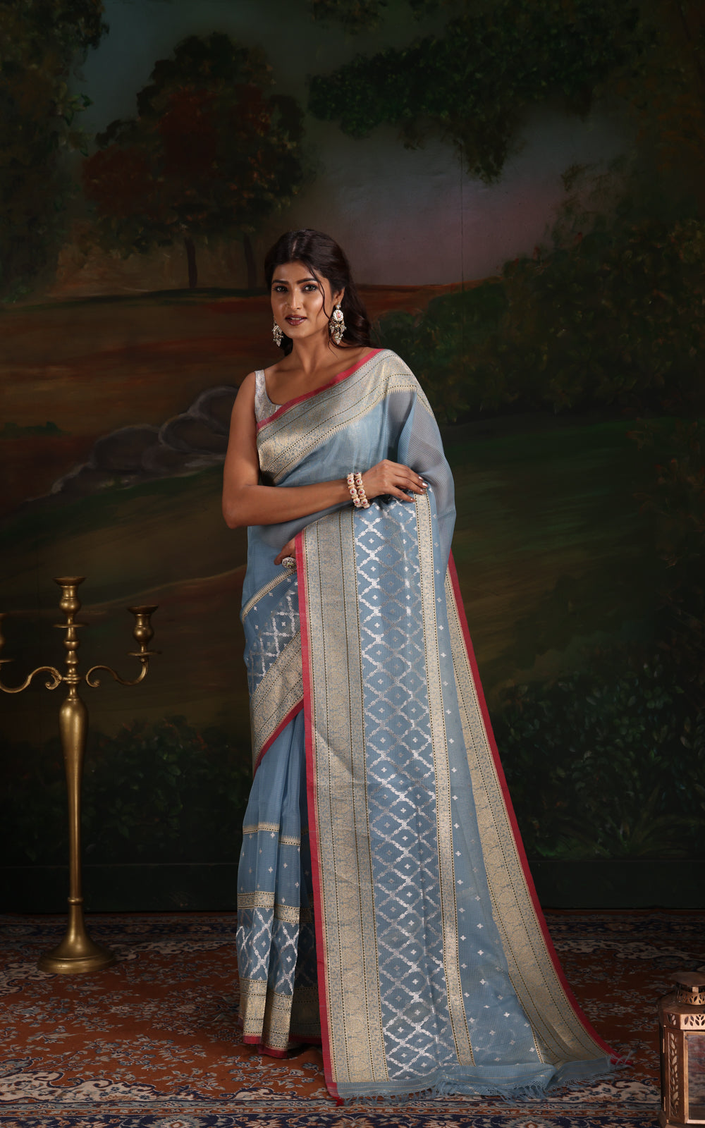 Pastel Blue & Red Iktara Kora Silk Saree