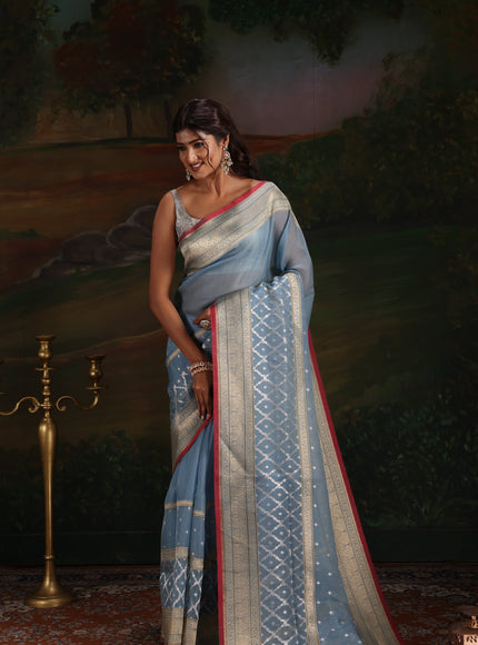 Pastel Blue & Red Iktara Kora Silk Saree