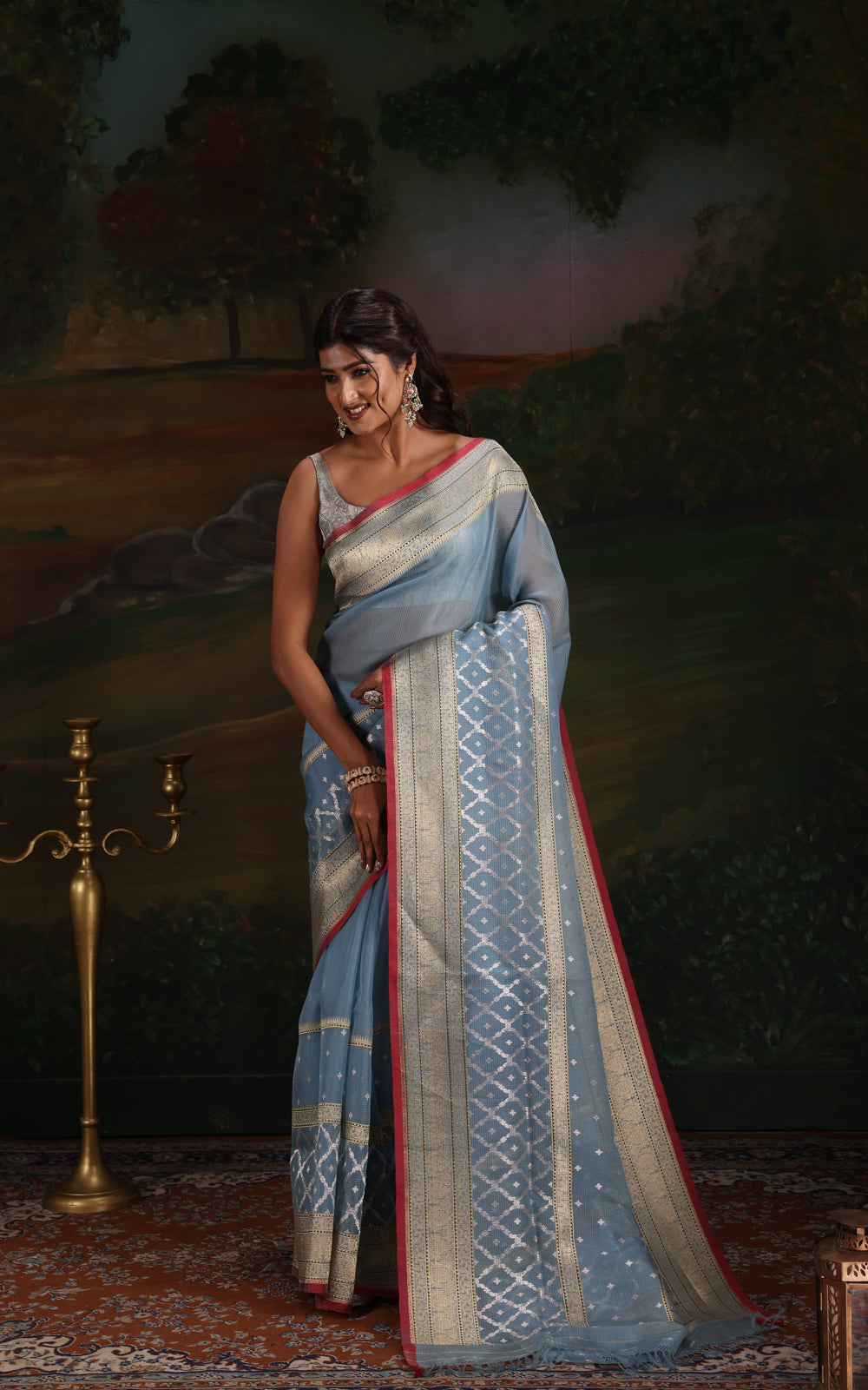 Pastel Blue & Red Iktara Kora Silk Saree