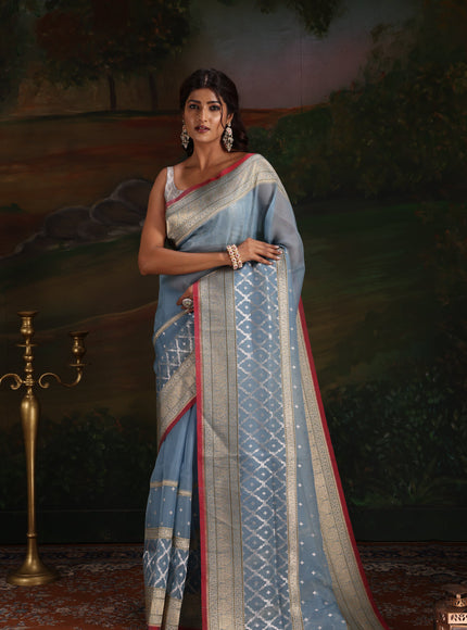 Pastel Blue & Red Iktara Kora Silk Saree