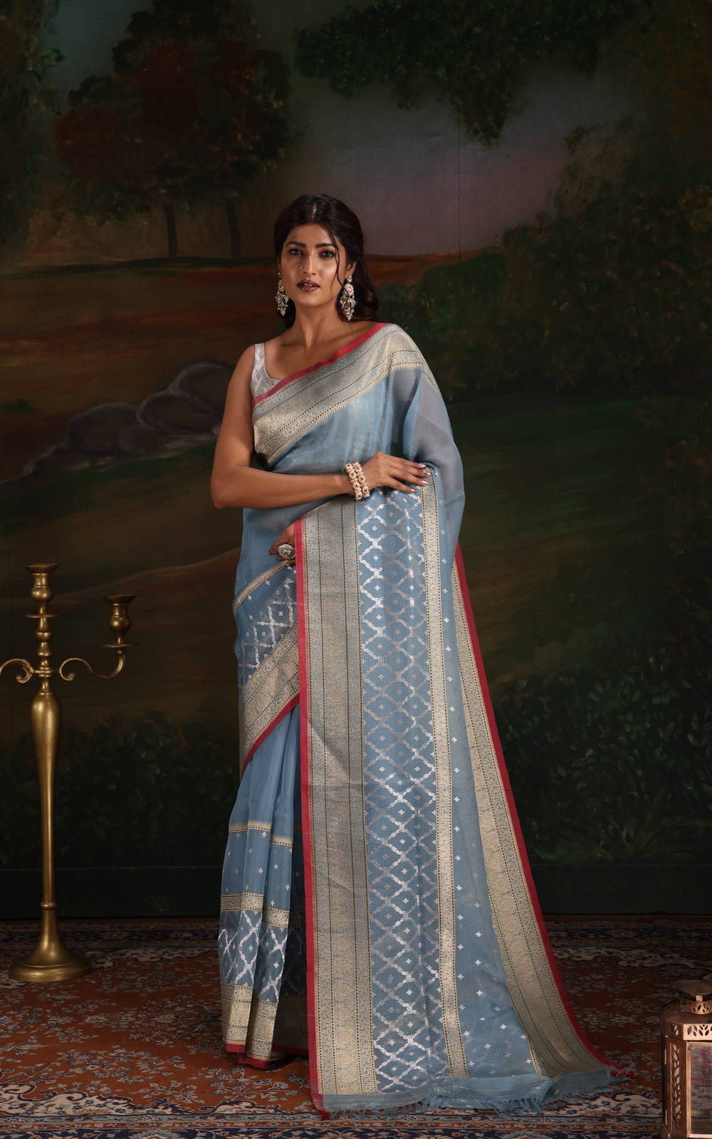 Pastel Blue & Red Iktara Kora Silk Saree