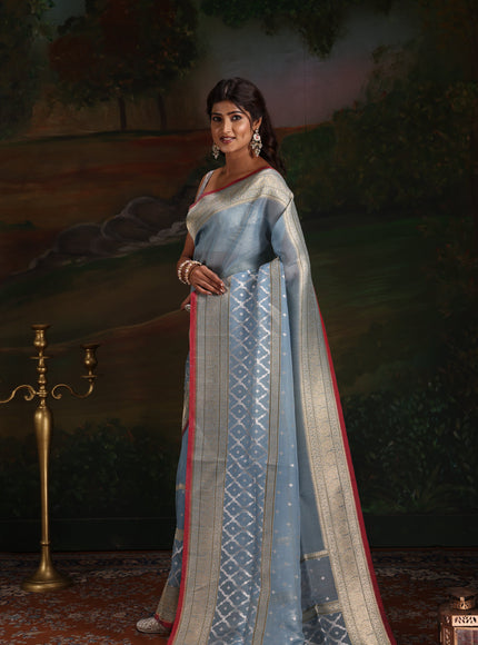 Pastel Blue & Red Iktara Kora Silk Saree
