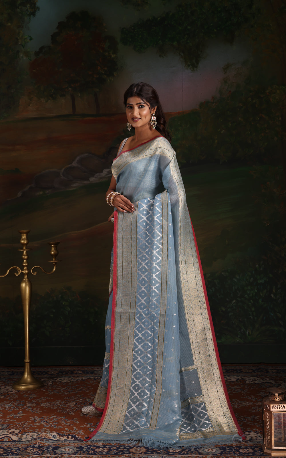 Pastel Blue & Red Iktara Kora Silk Saree