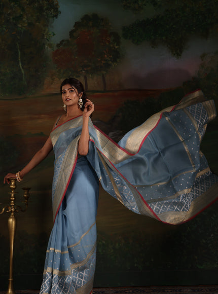 Pastel Blue & Red Iktara Kora Silk Saree