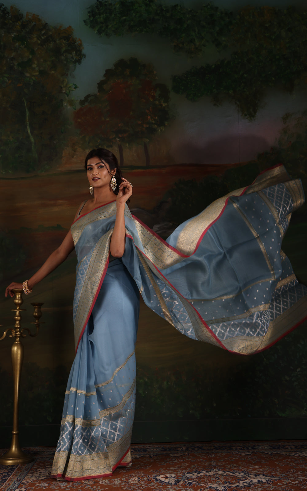Pastel Blue & Red Iktara Kora Silk Saree