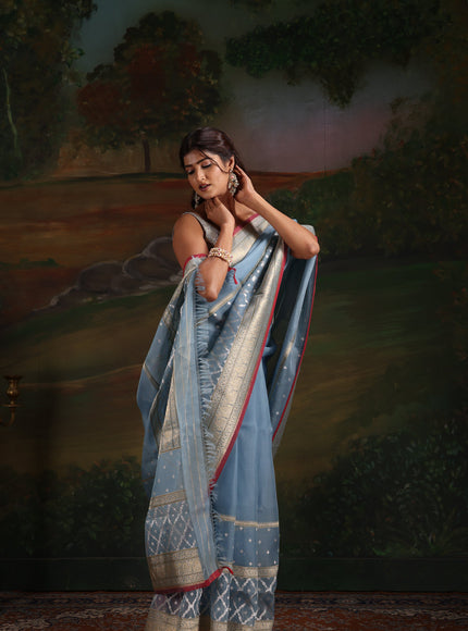 Pastel Blue & Red Iktara Kora Silk Saree