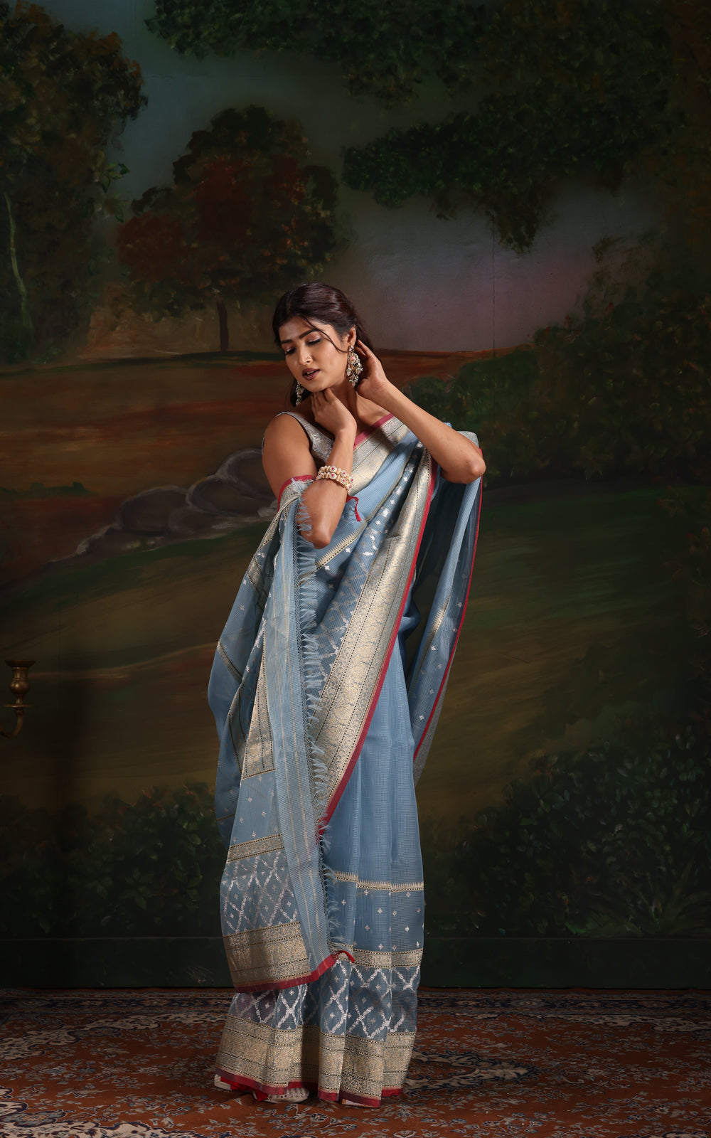 Pastel Blue & Red Iktara Kora Silk Saree