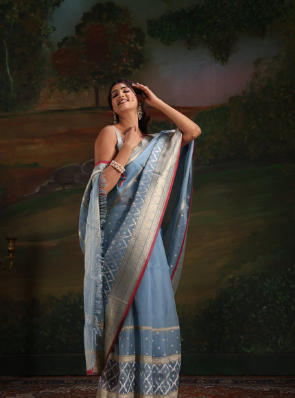 Pastel Blue & Red Iktara Kora Silk Saree