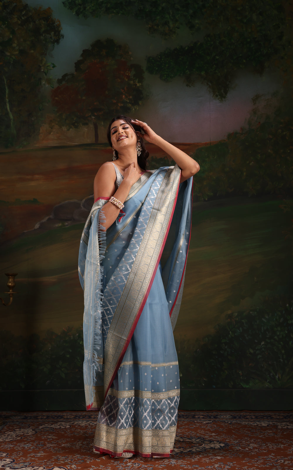 Pastel Blue & Red Iktara Kora Silk Saree