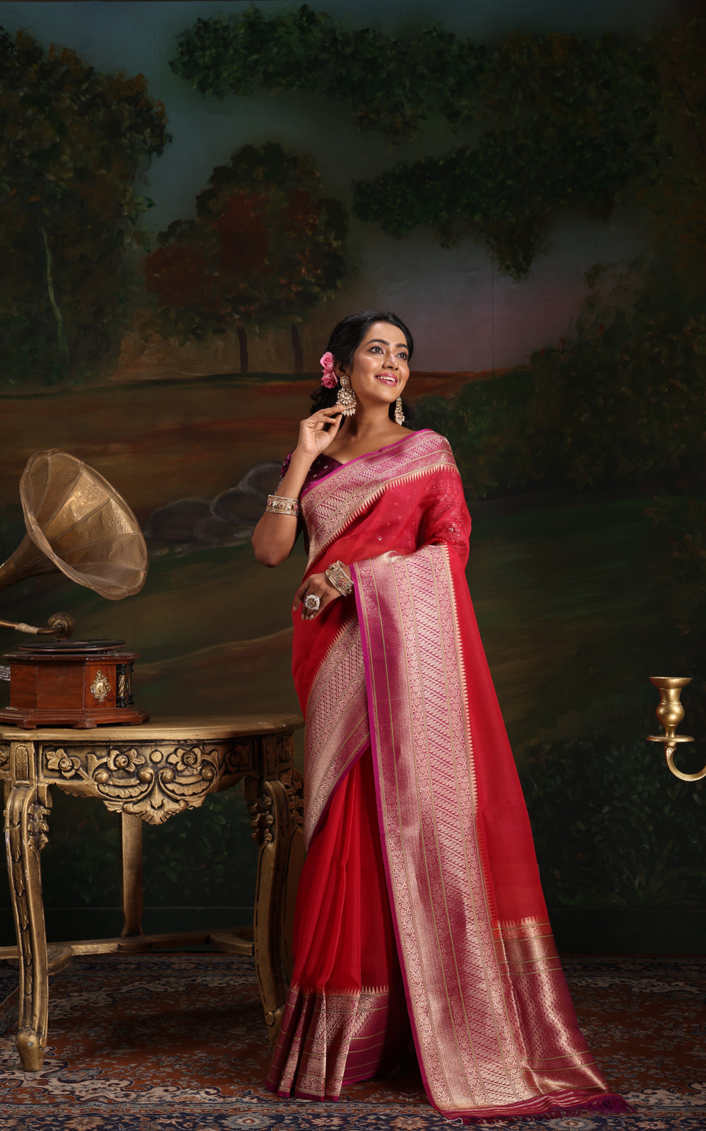 Red & Purple Iktara Kora Silk Saree