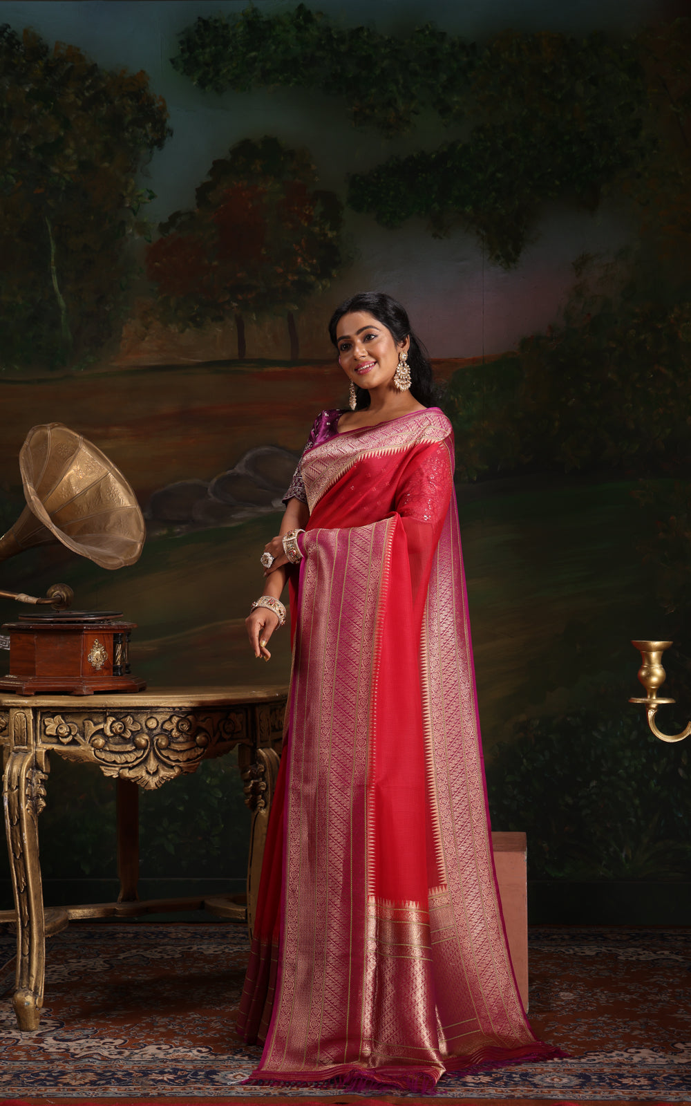 Red & Purple Iktara Kora Silk Saree
