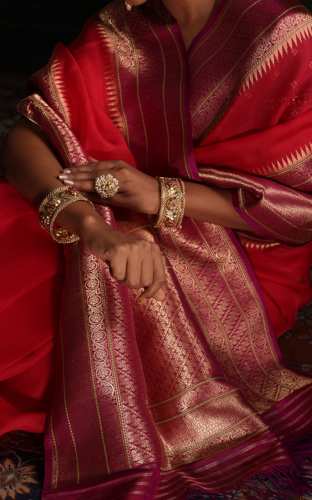 Red & Purple Iktara Kora Silk Saree