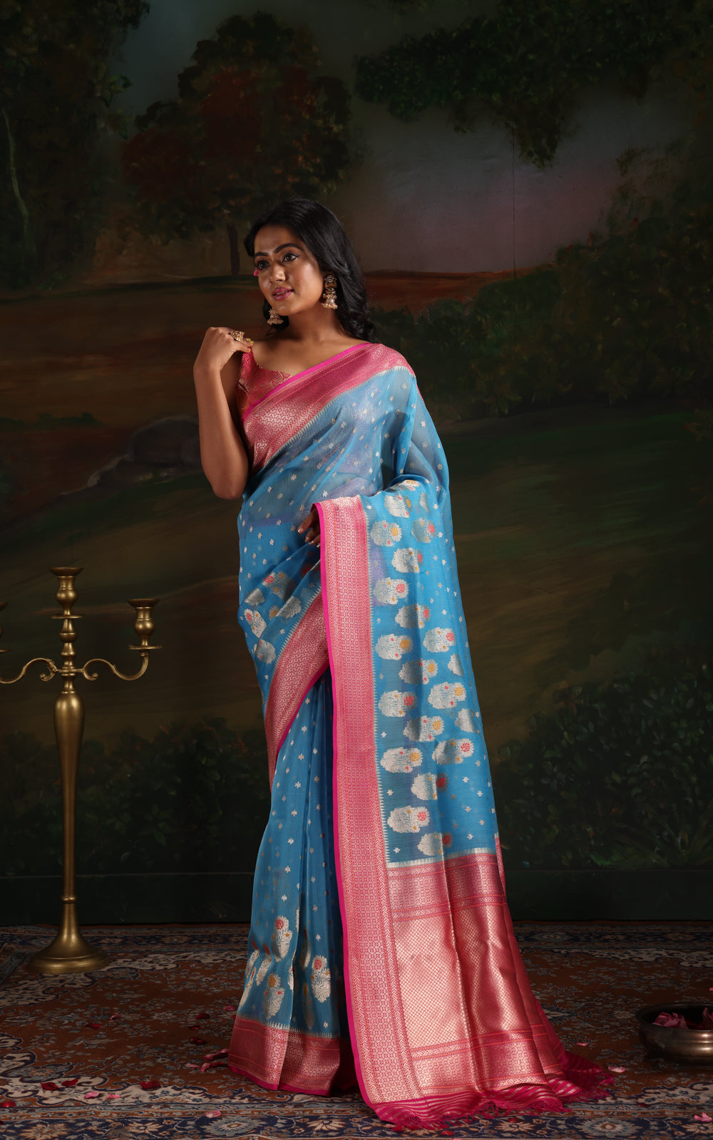 Cs Blue & Pink Iktara Kora Silk Saree With Floral Motif
