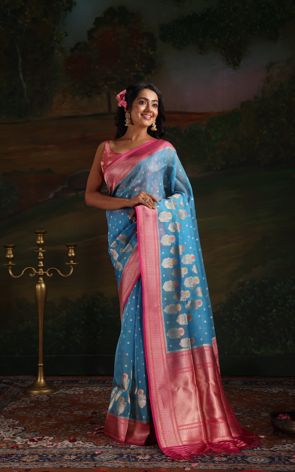 Cs Blue & Pink Iktara Kora Silk Saree With Floral Motif
