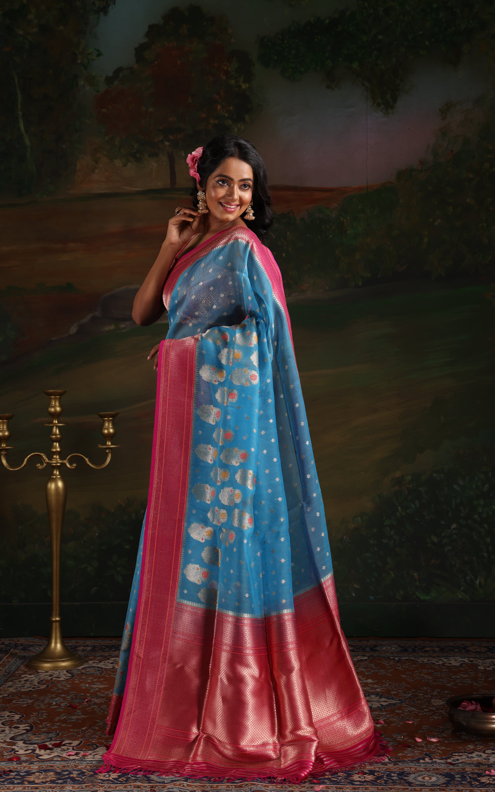 Cs Blue & Pink Iktara Kora Silk Saree With Floral Motif