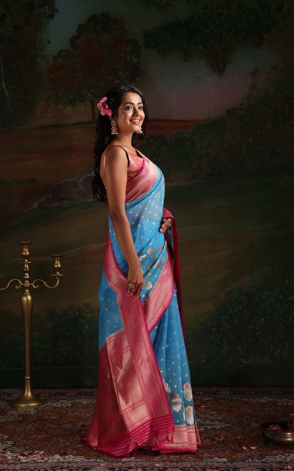 Cs Blue & Pink Iktara Kora Silk Saree With Floral Motif