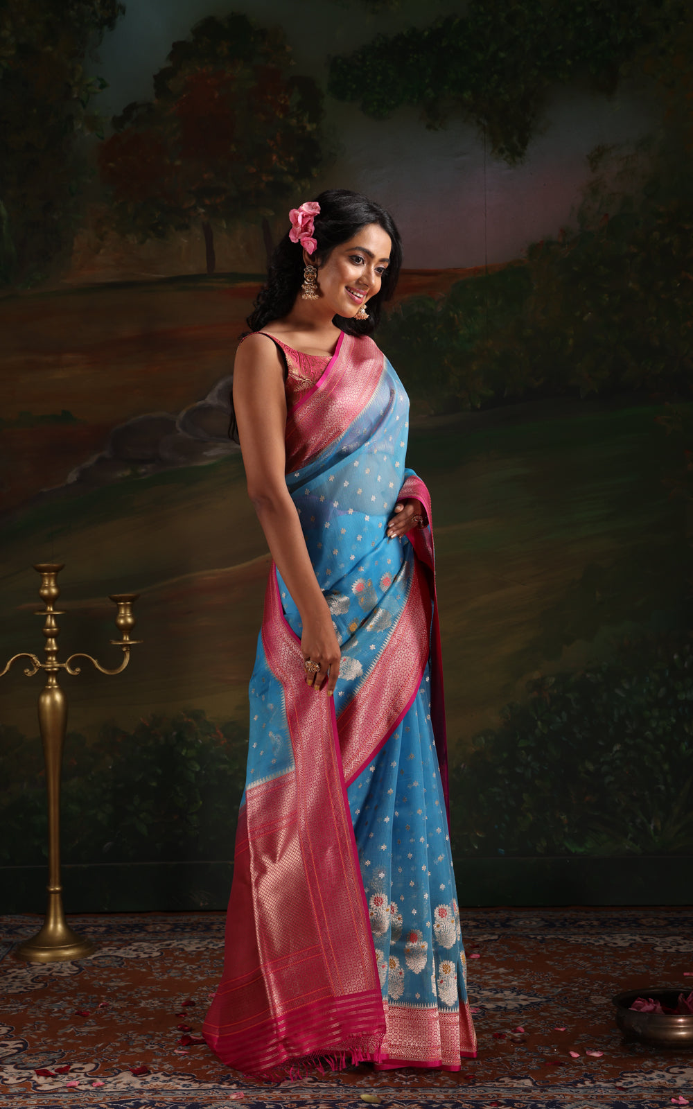 Cs Blue & Pink Iktara Kora Silk Saree With Floral Motif