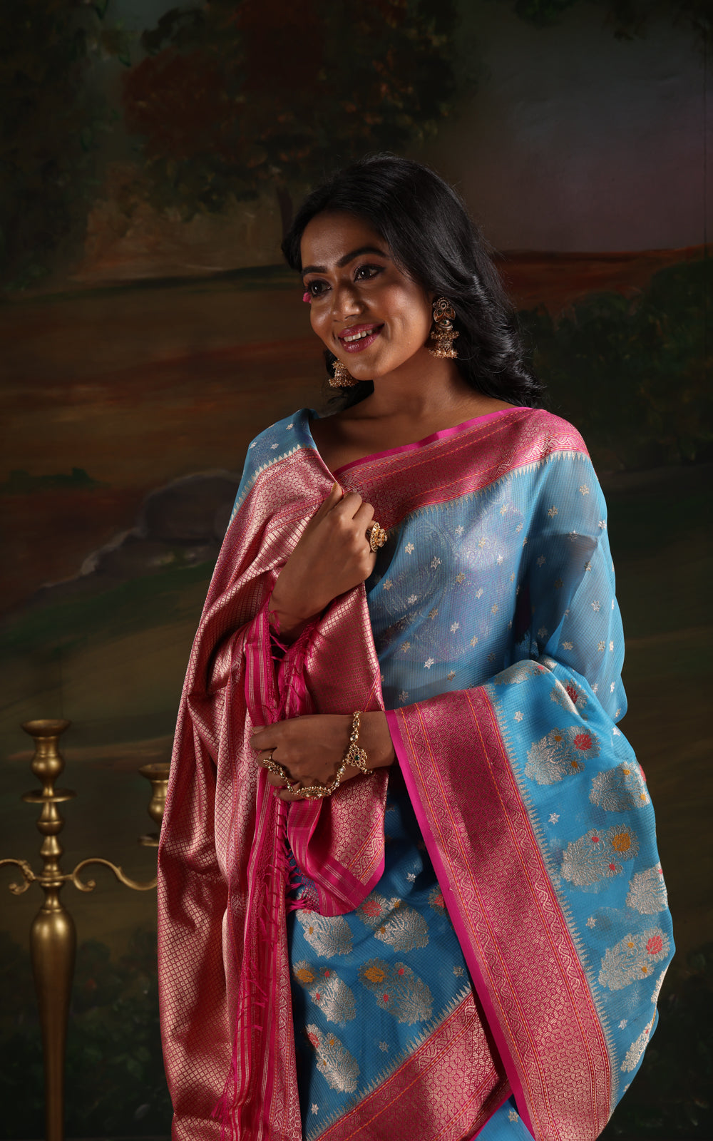 Cs Blue & Pink Iktara Kora Silk Saree With Floral Motif