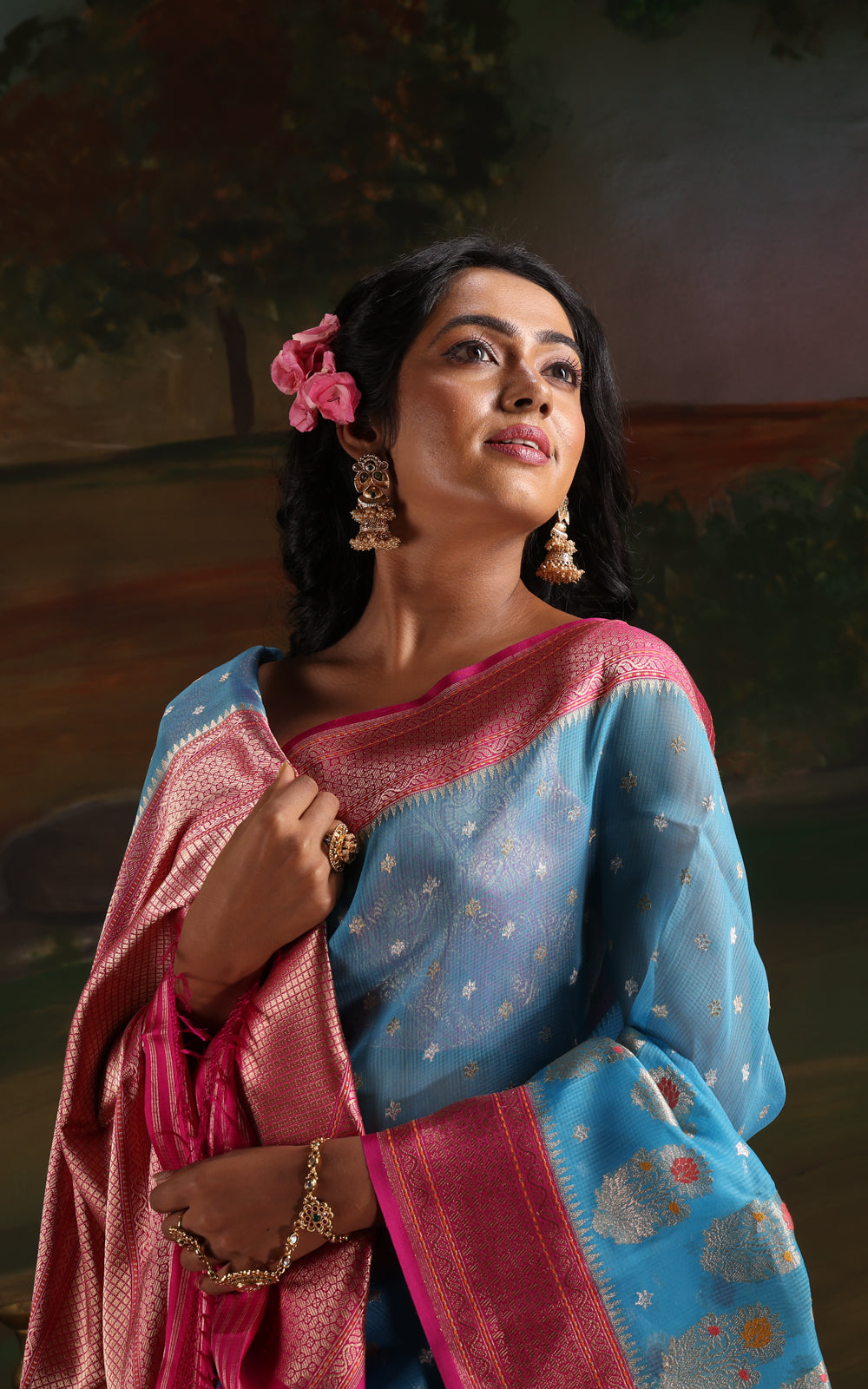 Cs Blue & Pink Iktara Kora Silk Saree With Floral Motif