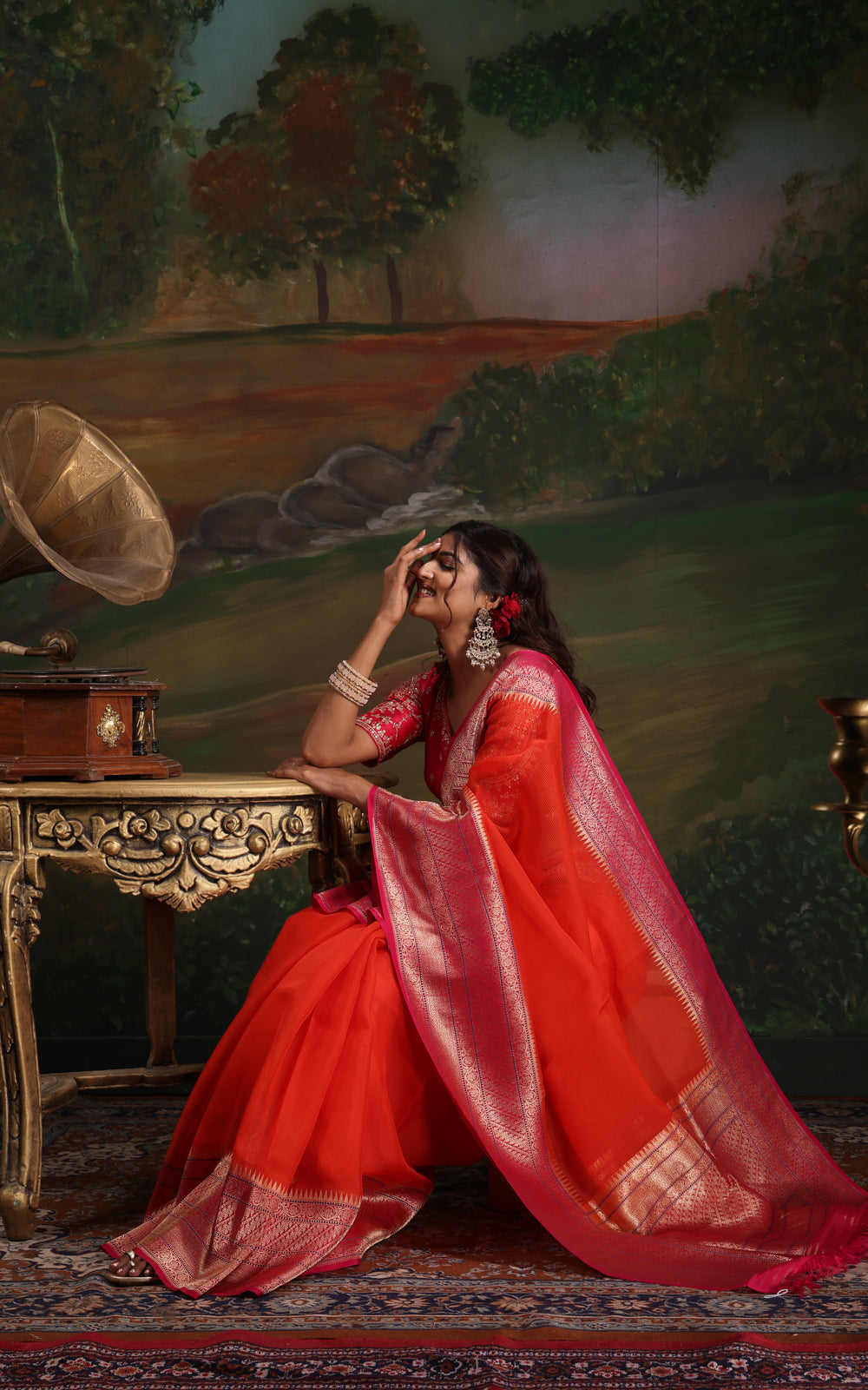 Orange & Pink Iktara Kora Silk Saree