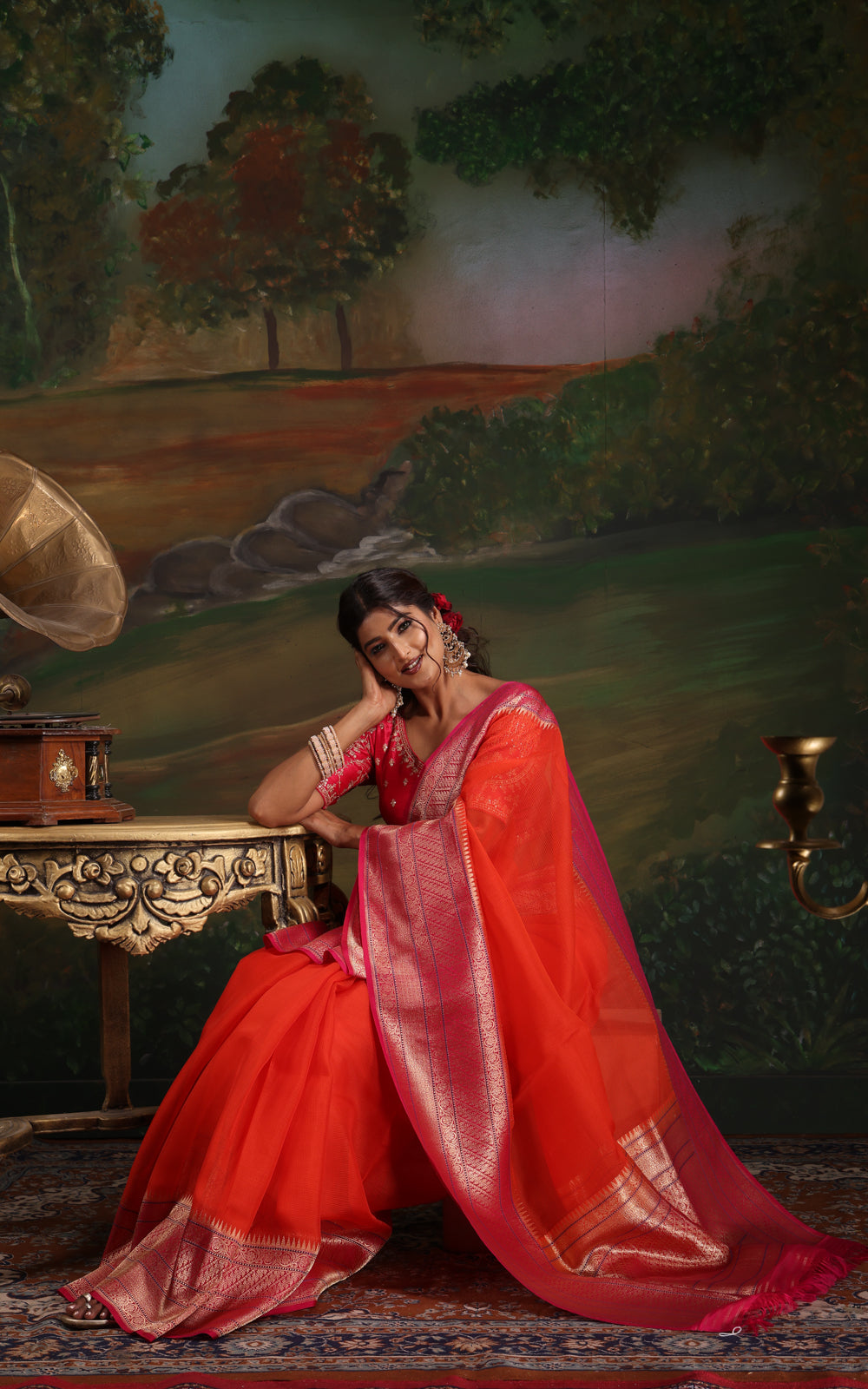 Orange & Pink Iktara Kora Silk Saree