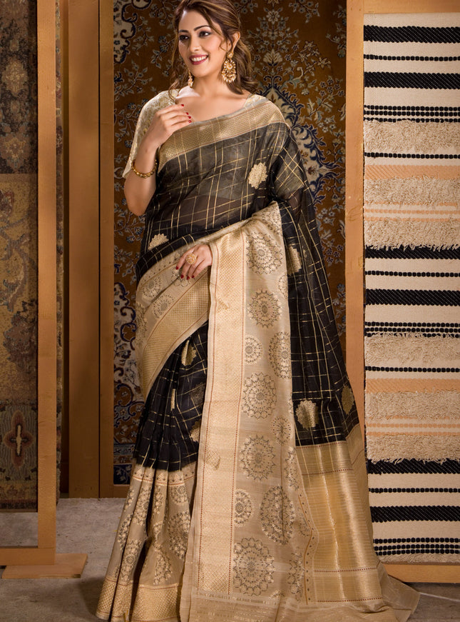 Black & Beige Banarasi Kora Saree With Kadhua Weaves & Gicha Border