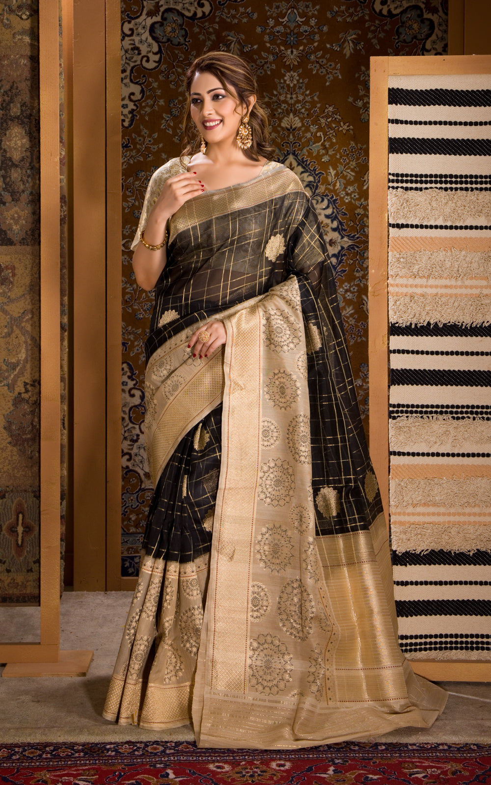 Black & Beige Banarasi Kora Saree With Kadhua Weaves & Gicha Border