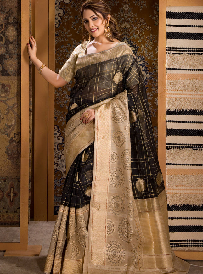 Black & Beige Banarasi Kora Saree With Kadhua Weaves & Gicha Border