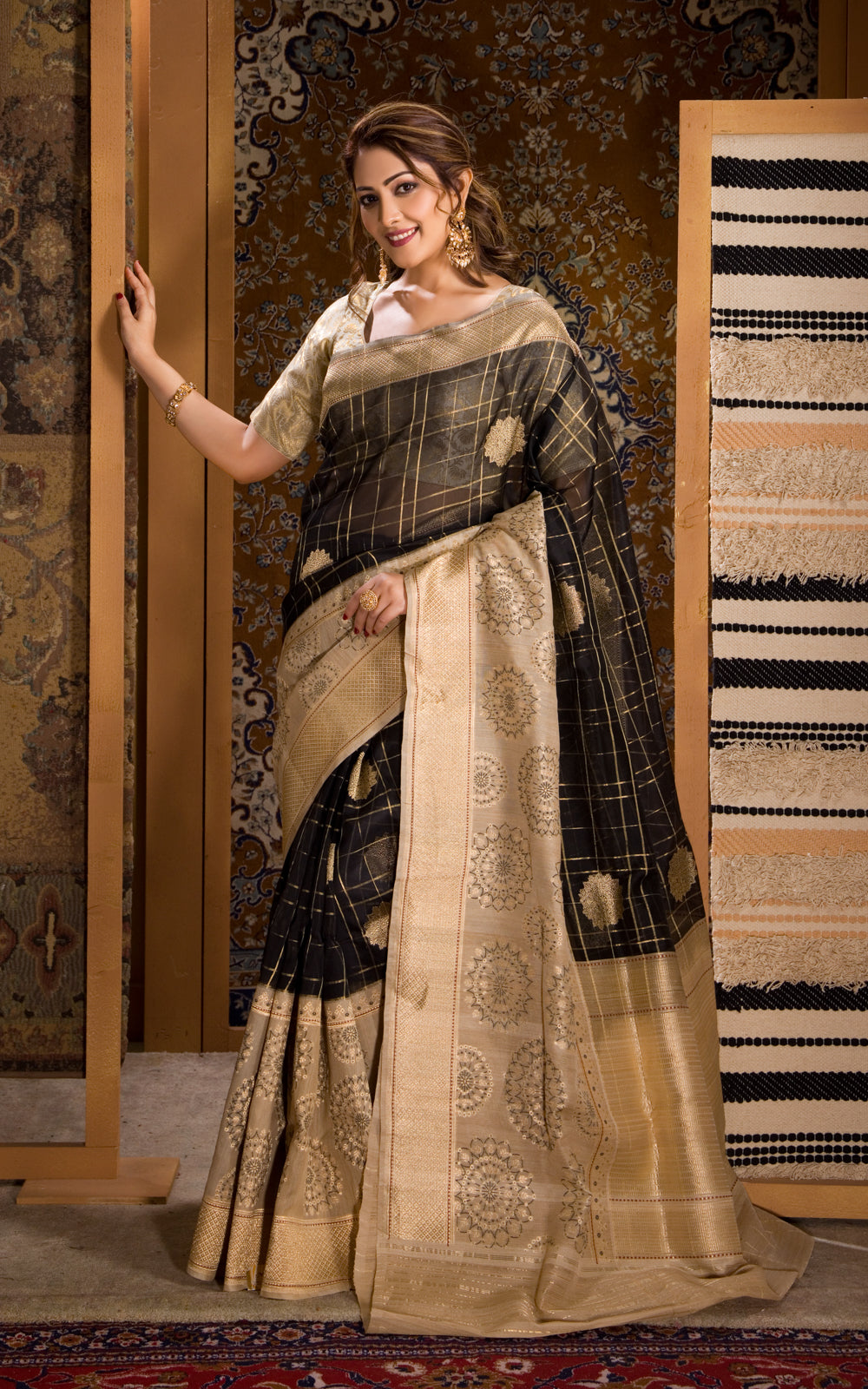 Black & Beige Banarasi Kora Saree With Kadhua Weaves & Gicha Border
