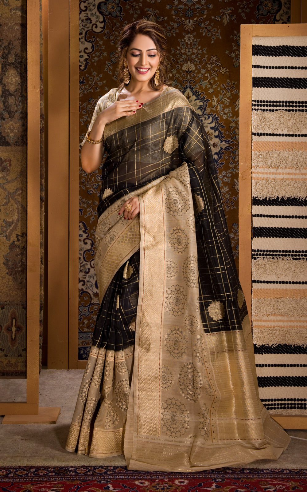 Black & Beige Banarasi Kora Saree With Kadhua Weaves & Gicha Border