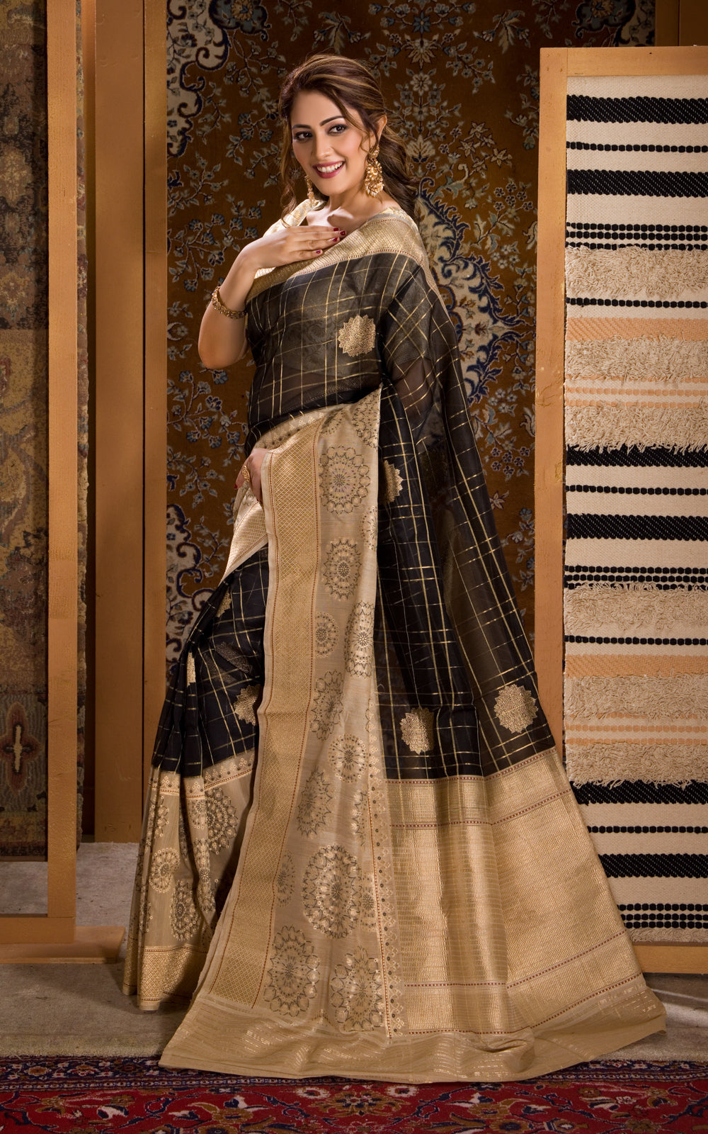 Black & Beige Banarasi Kora Saree With Kadhua Weaves & Gicha Border